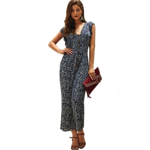 Floral Print Jumpsuits Women Long Pants Deep V Neck Wide Leg Pants Short Sleeve Ruffle Rompers Loose Summer T200608