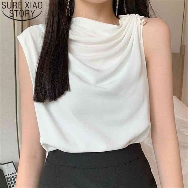 Beading Blouse Summer Women Sleeveless Shirts Hong Kong Style Chiffon Spring Bottoming Tops French Blusas 13036 210506