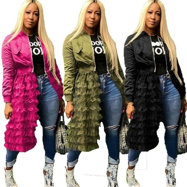 Plus Size Green Bomber Jacket Women Autumn Winter Streetwear Korean Harajuku Jacket Layered Mesh Ruffle Black Long Coat Outwear T200212