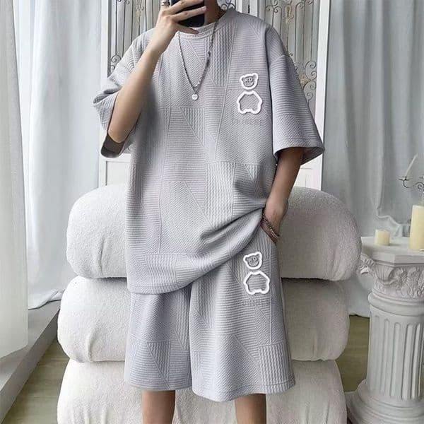 Mens Tracksuits Summer Short Sleeve Tshirt Set Waffle Casual Versatile Sports Thin Loose Fit One Clothing 230707