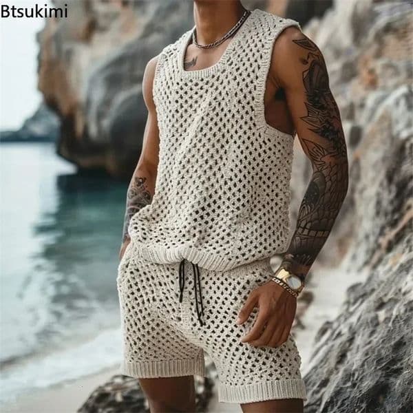 Mens Summer Casual Knitted Two Piece Fashion Solid Loose Tank Top and Shorts Beach Sportswear Mens Hollow Street Clothing 250318