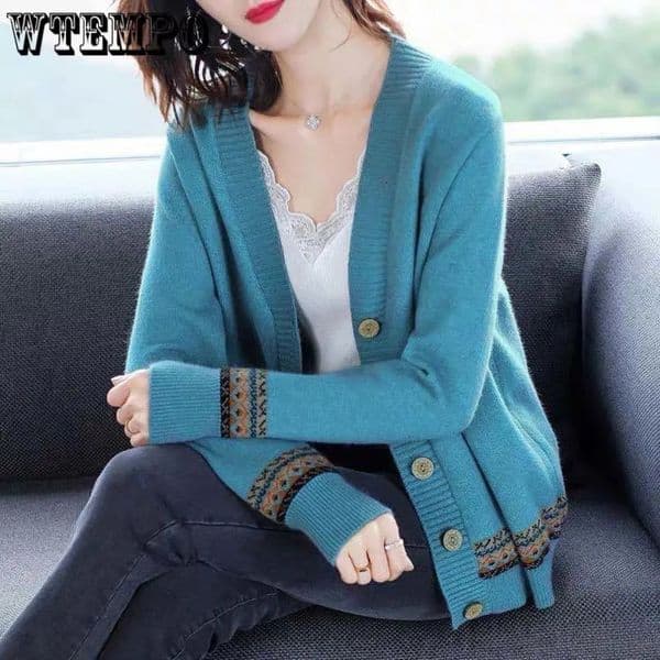 WTEMPO Spring Autumn Solid Color Womens Knitted Cardigan Long Sleeve Korean Loose VNeck Button Sweaters Coat Female Clothing 240617