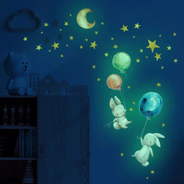 Cartoon Bunny Balloon Wall Sticker Bedroom Living Room Home Decoration Kids Wallpaper Glow In The Dark Cute Rabbit Stickers 240123