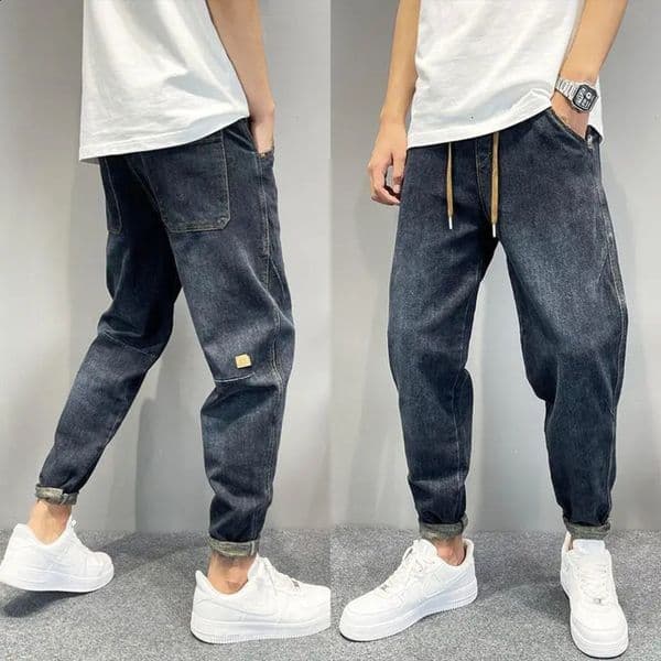 Mens casual denim retro loose patchwork carrot pants autumn streetwear embroidered jeans pockets jogging harem 240925