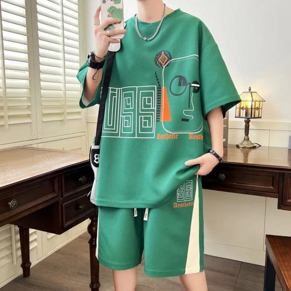 Fashion Man Summer 2 Pieces Set Tracksuit Mens Ocollar Tshirt shorts Harajuku Streetwear Oversized Men Sets short sl 240407