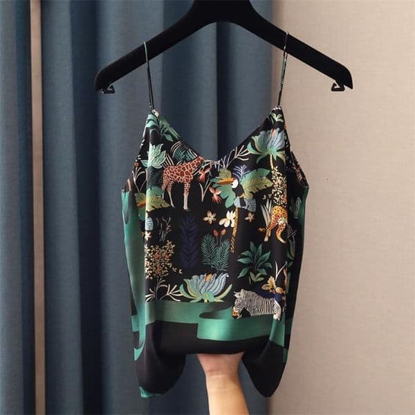 Camisoles Tanks National Style Spring Summer Women Sexy Spaghetti Strap Tank Top Vintage Print Camis Femme chiffon V Neck Tops S808 230413