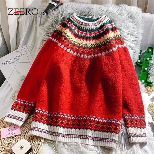 Autumn and Winter Clothing Womens Christmas Party Jacquard Knitted Sweater Womens Midi Casual Long Sleeve Loose Warm Pullover Top 241025
