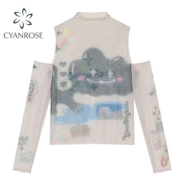 Off Shoulder Mesh Tees HandPainted Streetwear Sexy Slim Bodycon T Shirt Female Long Sleeve Chic Elastic Party Ins Top 210322