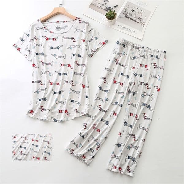 Women's Sleepwear Cute Women's Pajamas Set Dachshund Teckel Two Pieces Short Sleeve Tops Three Quarter Pants Capris Sleepwear Big Size S-3XL 9901 230517