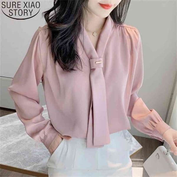 Autumn Chiffon Shirt OL Style Office Lady Long Sleeve Women Satin Loose V-neck Womens Tops and Blouses Clothes 10842 210506