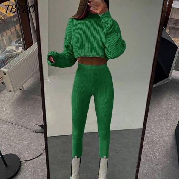 Women Knitted Two Pieces Sets Autumn Winter Cotton Casual Female Warm Suits Turtleneck Cropped Sweater And Trouser Tracksuits 220819
