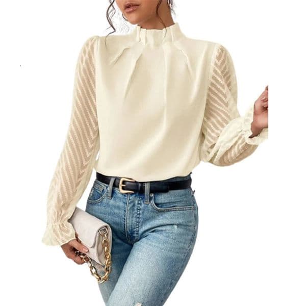 Elegant Halfturtleneck Pullover Solid Color Chiffon Shirt Womens Wave Print Ruffle Long Sleeve Blouse Ladies Casual Loose Tops 240226