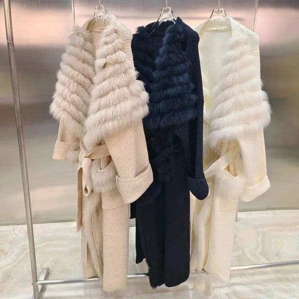 Womens Fashion Sweater Autumn Winter Long Coat Knitted Open Collar Wool Fox Fur Decorative Belt 240929