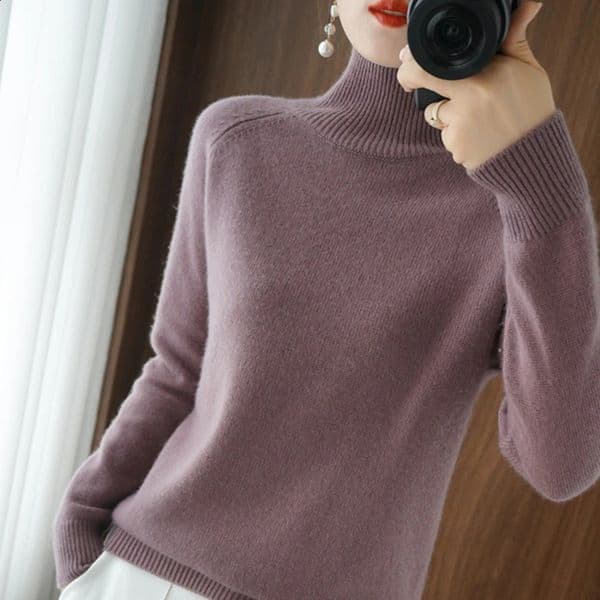 Women Autumn Winter Turtleneck Sweater Elegant Slim Solid Ribbed Knitted Cashmere Jumpers Female Long Sleeve Pullover Knitwear 241217