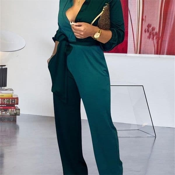 Women Fashion Colorblock Insert Buttoned Lantern Sleeve Jumpsuit T200616