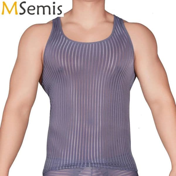 Mens Striped Sheer Tank Top U Neck Sleeveless Sports Vest Tops SeeThrough Stretchy Pool Party Beach Bodybuilding Fitness 240415