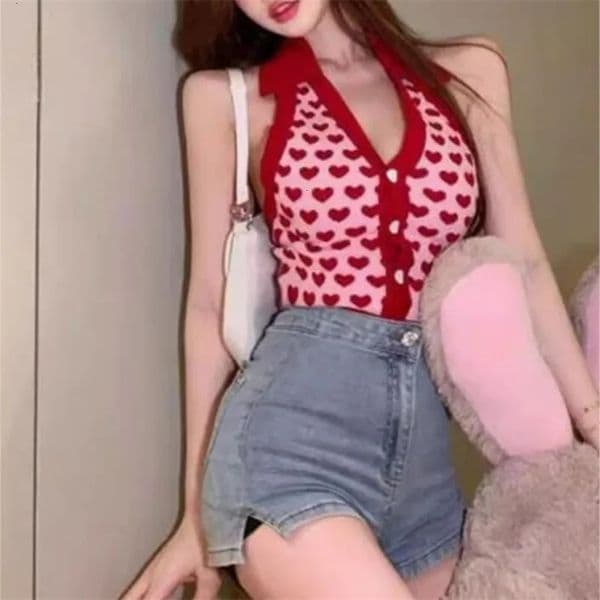 6 Colors Women Contrast Color Heart Sleeveless Halter Knit Crop Tops Sexy Backless Tanks Camis Female Vest Summer Knitwear 240513