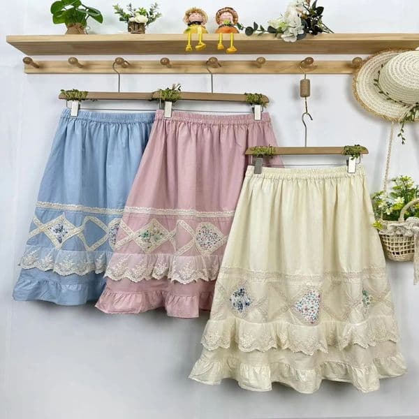 Mori kei clothing sweet lolita long skirts Japanese style elastic waist blue pink beige lace embroidery patchwork 240516