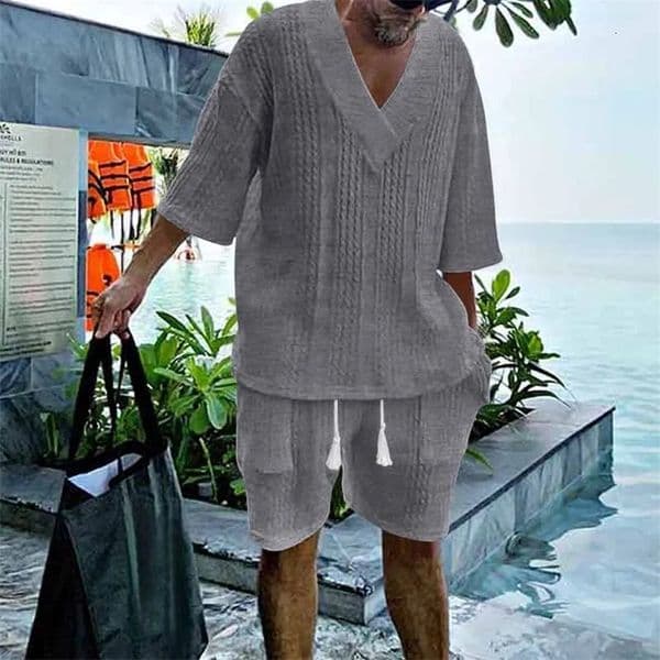 Spring/Summer European and American Casual Loose and Versatile Jacquard Knitwear Top Shorts Mens Set 240530