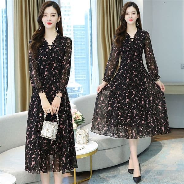 Casual Dresses Woman Dress Summer Autumn Long Sleeve Small Floral Chiffon Dress Vestido De Mujer 230316