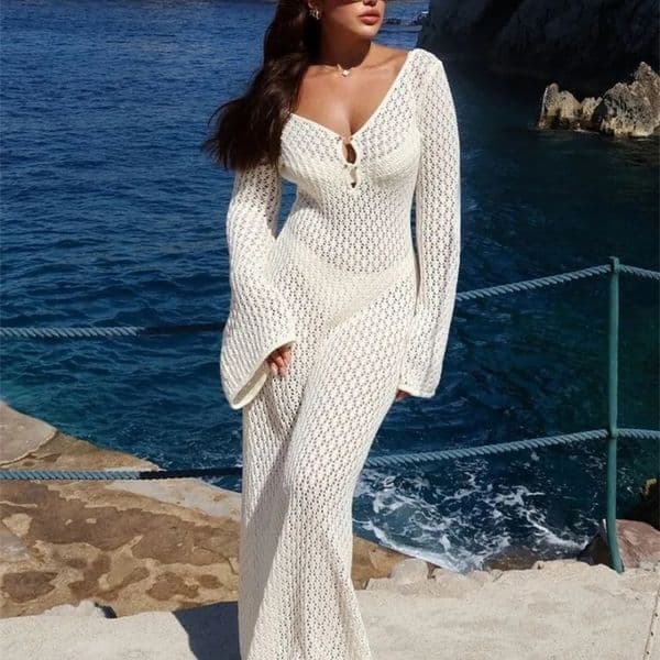 Taruxy Crochet Beach Maxi Dress Womens Sexy Knitted Hollow Bikini Swimsuit Cover Sunscreen Dress See Through Slim Lady 250423