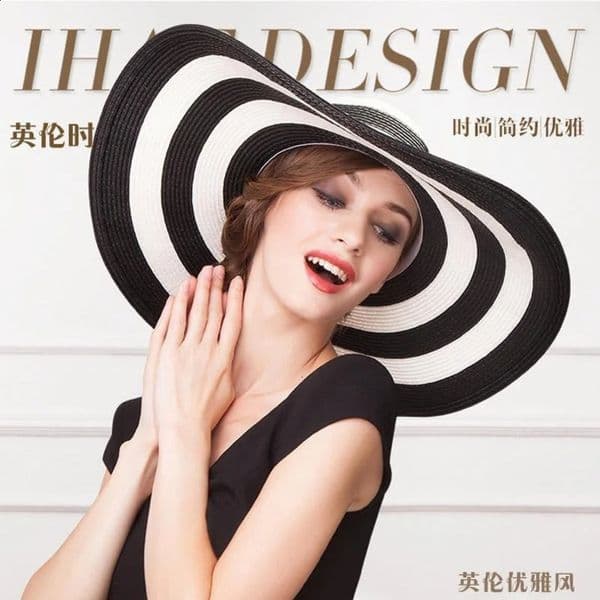 Straw Hat Female Summer Beach Large Edge Korean Version Straw Hat Foldable Black and White Striped Sun Hat Sun Visor Panama Cap 250226