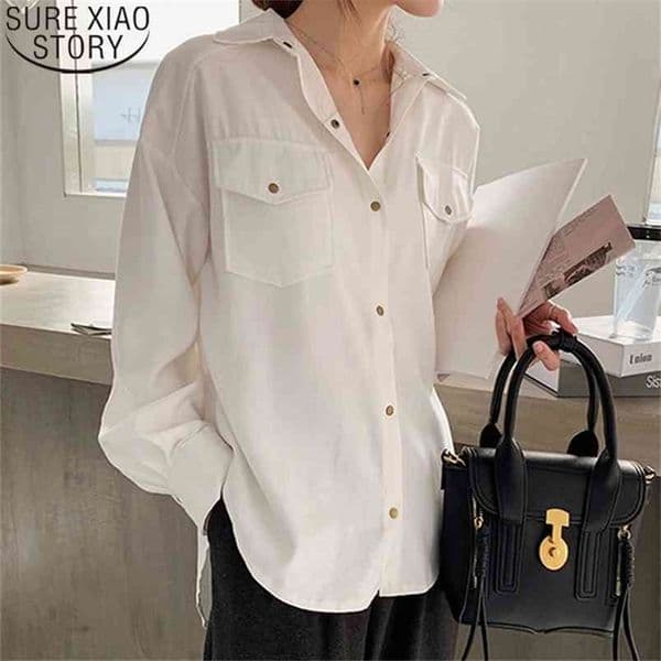 Cotton Shirts Women White Blouse Plus Size Loose Tops Lapel Female Blouses Solid Office Ladies Femme Blusas 12889 210506