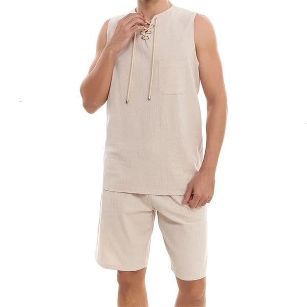 Summer Cotton Linen Shirt Set Mens Casual Outdoor 2-Piece Suit Andhome Clothes Pajamas Comfy Breathable Beach Short Sleeve Sets 240530