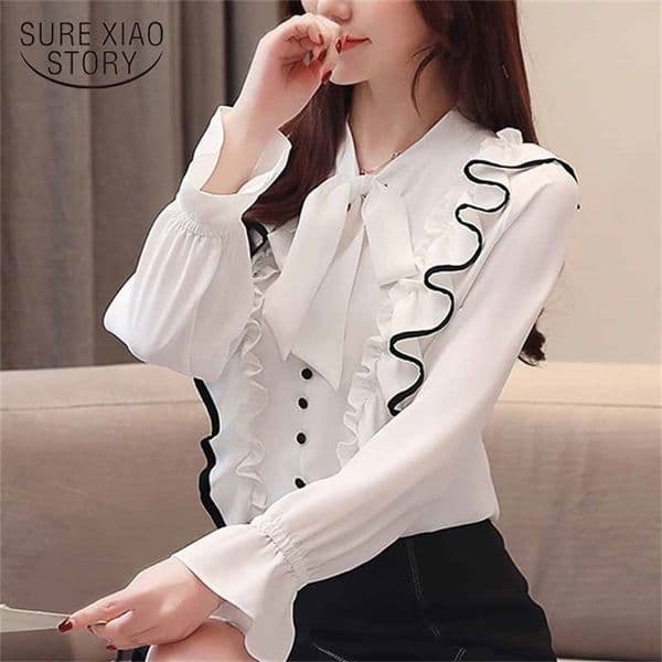 blusas mujer de moda Autumn long sleeve Chiffon Women Blouse Clothing Casual ruffles white blouse Tops 5304 50 210506