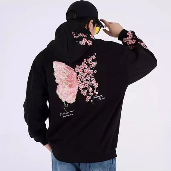 Mens Hoodies Sweatshirts Man 100% Cotton Butterfly Embroidery Harajuku Solid Pocket Hooded Autumn Long Sleeve Loose Chinese Outwear 230113