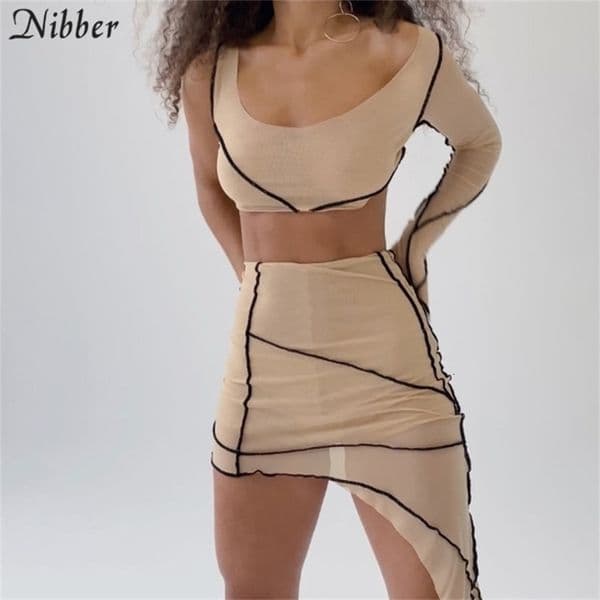 Nibber sexy club mesh seethrough Patchwork asymmetry Bodycon 2 pieces set women long sleeve crop top and skinny mini skrit set 220602