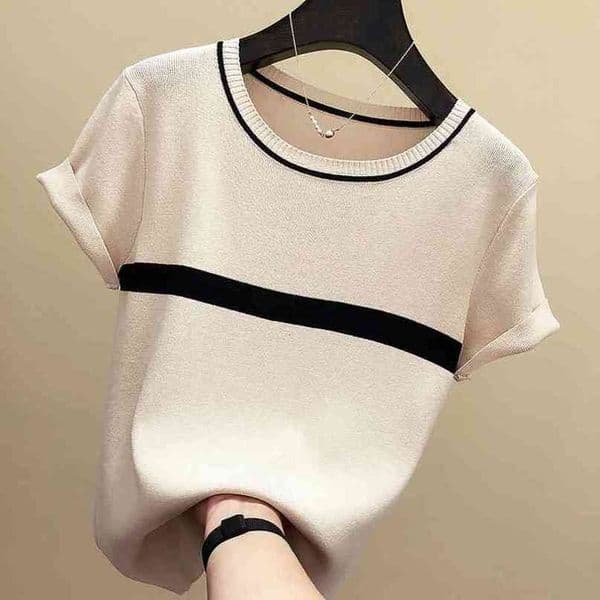shintimes Thin Knitted T Shirt Women Clothes Summer Woman Short Sleeve Tees Tops Striped Casual T-Shirt Female Tshirt Femme 210322