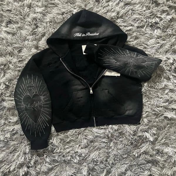 Hell in Heaven Street Retro Gothic Zipper Hoodie Y2k Alphabet Embroidered Patchwork Loose Sweatshirt Mens Wear 240904