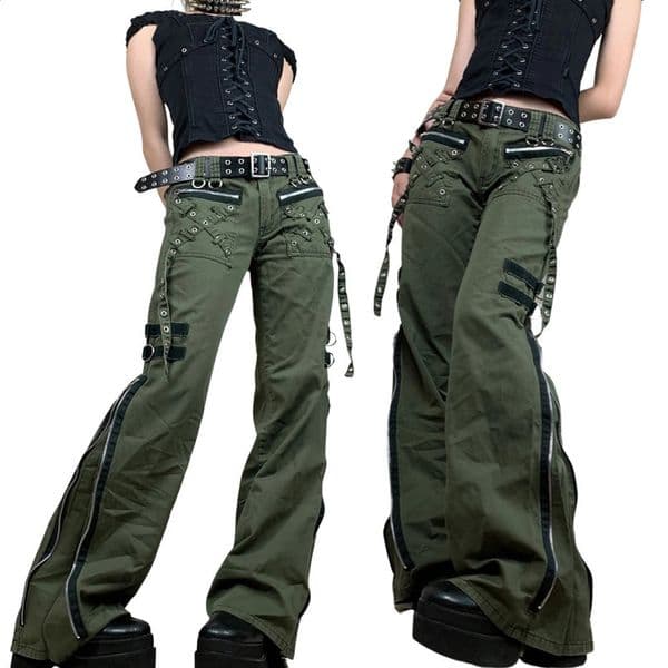 Y2k Fashion Punk Style Autumn Cargo Pants LowWaist Zipper Fly Casual with Pockets for Girls Green 250228BJ