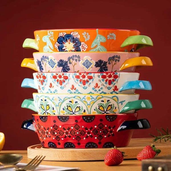 Bohemian Double Ear Bowl Ceramic Plate Soup Plate Oval Baking Tray Tableware Salad Bowl Kitchen UtensilsXJ250924