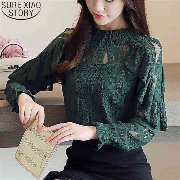 Spring Summer Lace Blouse Women Tops O-neck Ruffles Green Vintage Long Sleeve Hollow Out Clothes Blouses Blusas 14313 210506