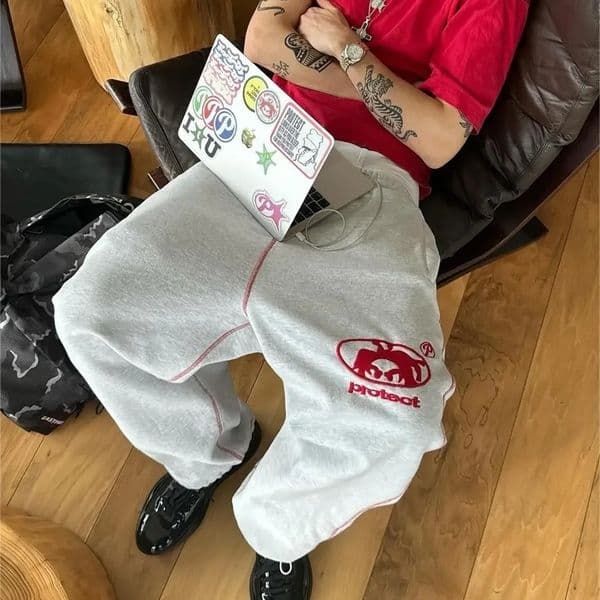 Hip Hop PROTECT Casual Fashion Sweatpants Letter Embroidery Men Women High Waisted Joggers Y2K Drawstring Cargo Pants 240716