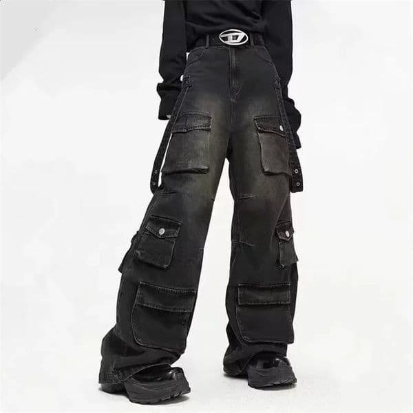 Y2K Jeans Man Pants Streetwear Multiple Pockets Baggy Cargo Jeans Vintage Loose Men Clothing Pants Wide-leg Denim Men Trousers 240814