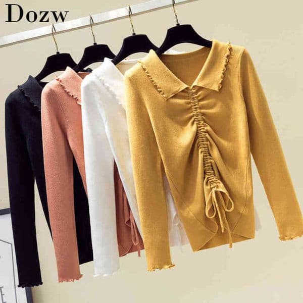 Solid Ruffle Sweater Women Long Sleeve Knitted Cashmere Pullover Autumn Fashion Drawstring Turn Down Collar Pure Jumper Sweater 210414