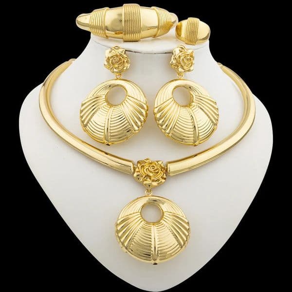 Stud African 18k Gold Plated Jewelry Set for Women Hoop Earrings and Pendant Italian Color Weddings Bangle Ring Jewellery 231109