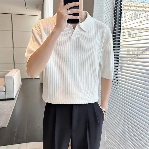Summer Clothing Mens Light Knitted Solid Color Polo Shirt Fashion Striped V-Neck Short Sleeve Leisure Fashion Knitwear 250224