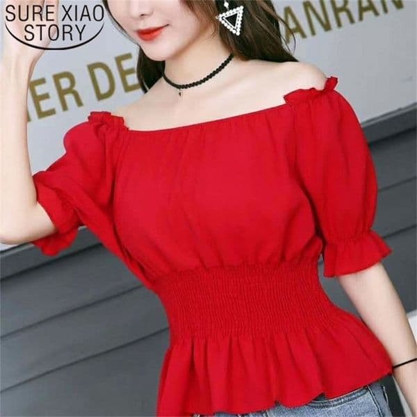 Summer Fashion Women Chiffon Blouses Off Shoulder Sexy Tops Casual Short Sleeve Slash Neck Clothing 5138 50 210506