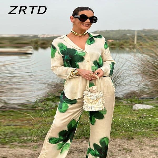 Printed Women 2 Piece Set Loose Lapel Single Breasted Shirts High Waist Wide Leg Trousers Spring Summer Lady Pants Sets 240428