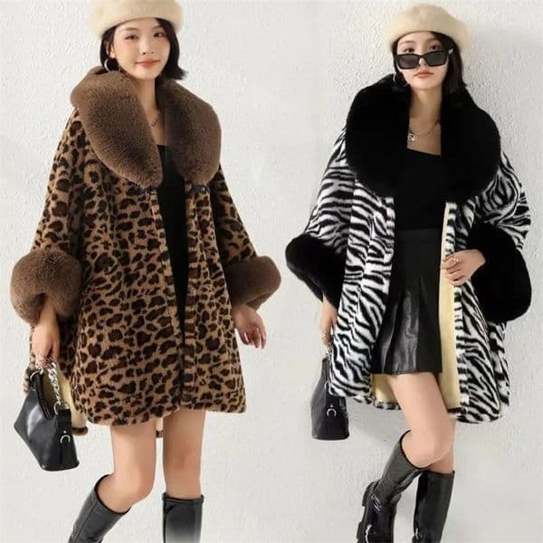 Womens Round Artificial Rabbit Fur Collar Winter Cape Town Thick Warm Leopard Printed Cape Batwing Sleeves Loose Street Clothing Coat 241128