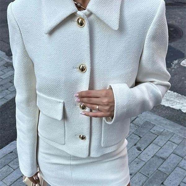 Elegant solid jacket mini skirt set for womens slim fit lapel single chest pocket jacket A-line skirt set for autumn womens clothing 241219