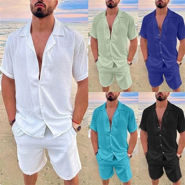 Mens summer casual loose two-piece beach pure cotton linen mens set short sleeved button up shirt and short sleeved office set 250314BJ