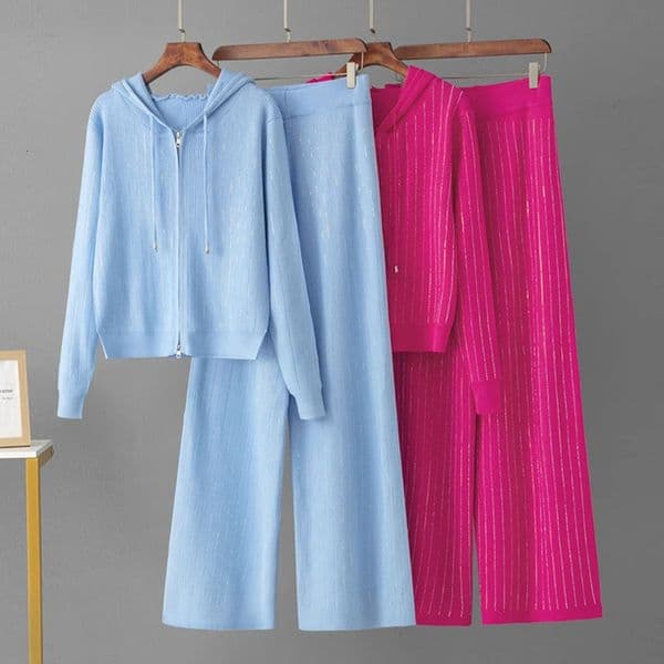 Fashion Two Pieces Sweaters Sets Womens Casual Suits Set Diamond Piece For Women Hooded Sweatshirts Knitting Pants 240712
