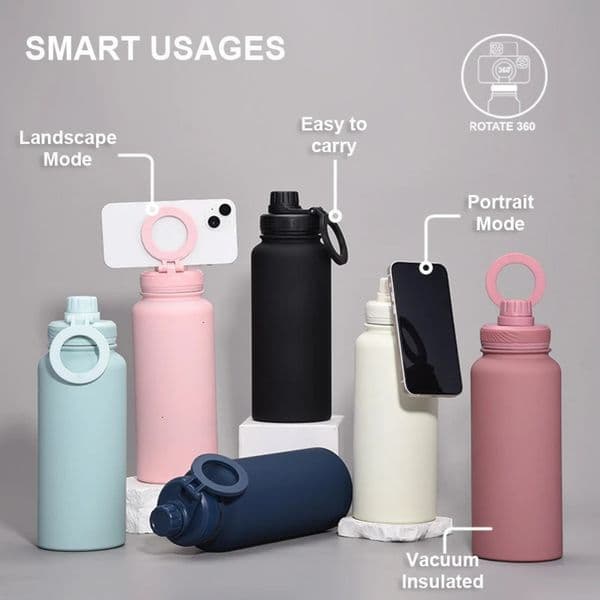 For Fitness Enthusiasts Magnetic Phone Holder Insulated Cup Stainless Steel Water Bottle Large capacity 1L Outdoor Sports Kettle 240704