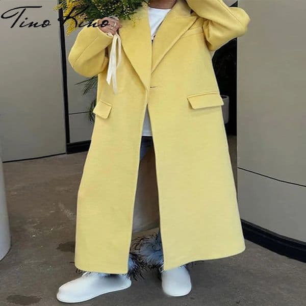Elegant yellow womens coat with loose collar long sleeves button pockets womens coat for autumn fashion womens high street clothing 240918