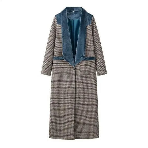 Y2K TRAF Women Plaid Woolen Coat Female A-Line Long Sleeve Outerwear Ladies Chic Single Button with Pockets Streetwear Coat 240830